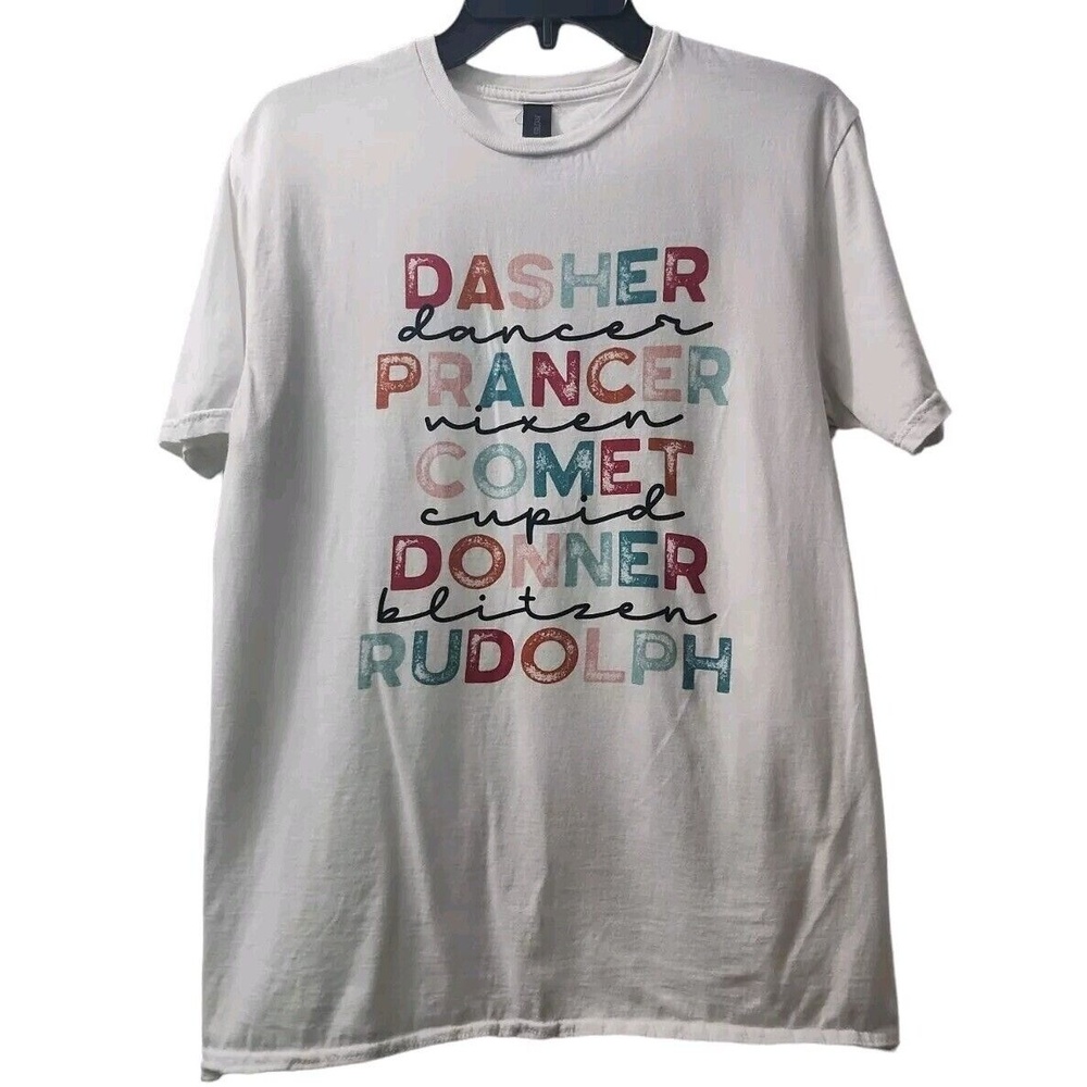 Gildan Christmas Reindeer Names Graphic Tee Holiday T-Shirt‎ Size M